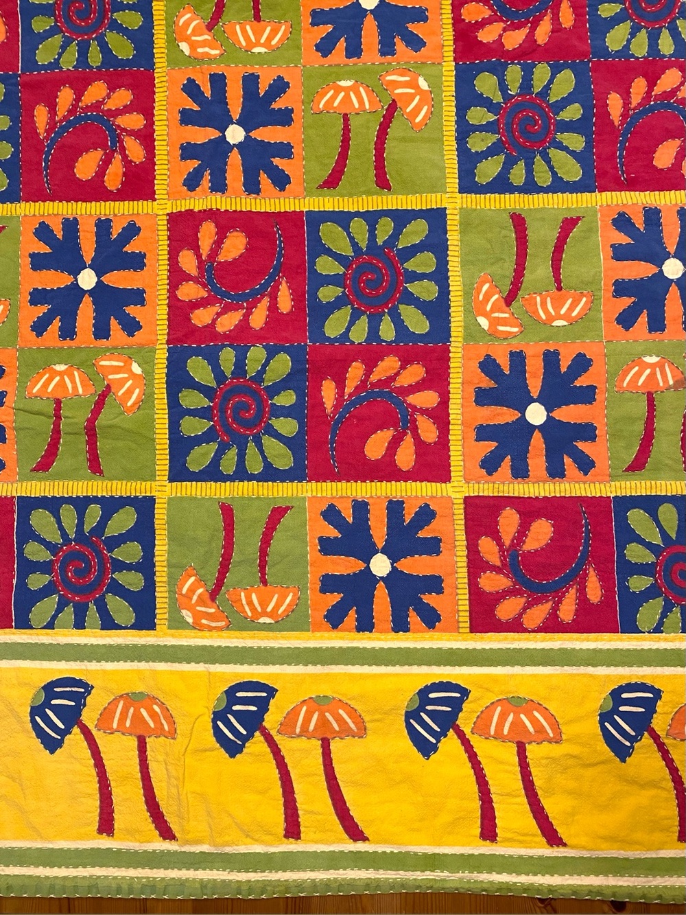 Vintage Handcrafted Mushroom Floral Kantha Patchwork Full Quilt 70s Retro Fairy